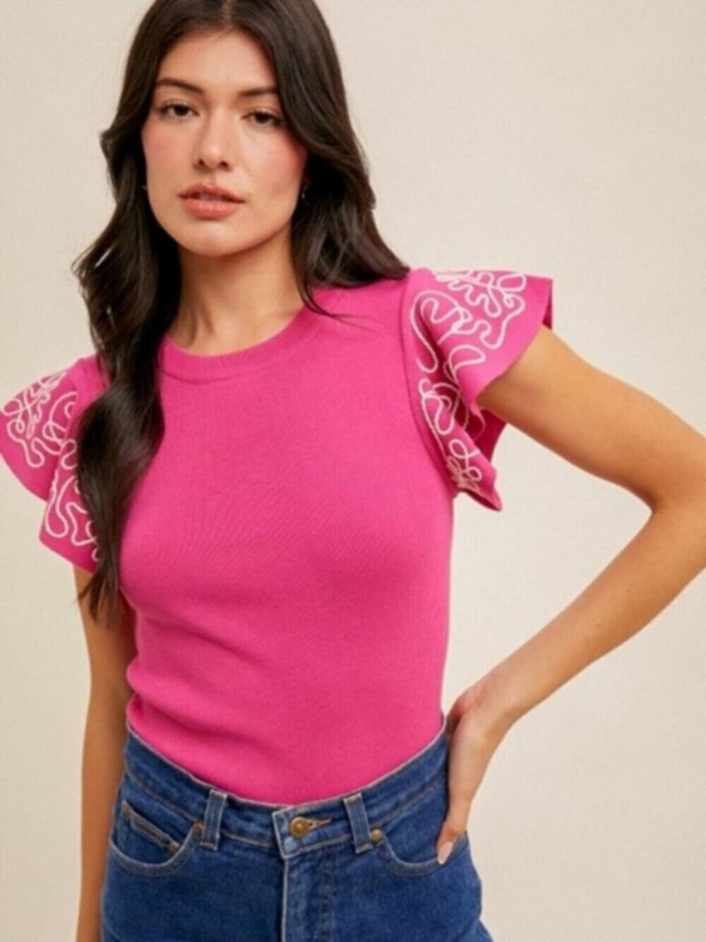 HEM & THREAD Embroidered Ruffle Sleeve Sweater Top Pink Size L NWT